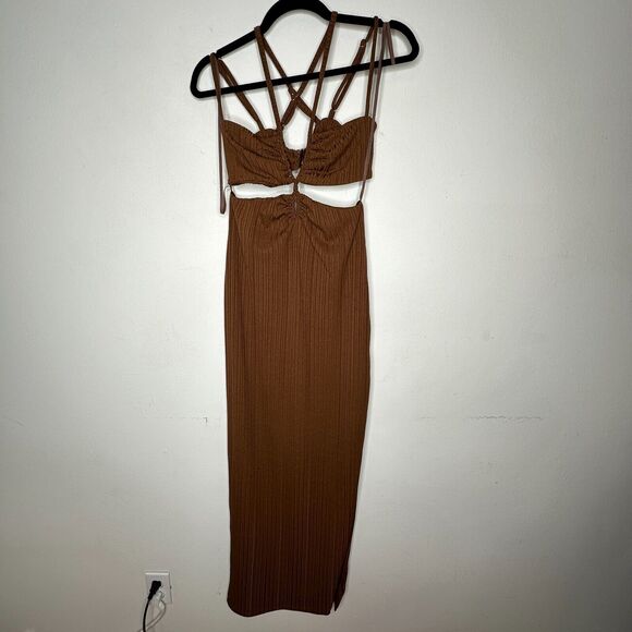 Rumer The Label Chocolate Ribbed Oasis Bandeau Style Cut Outs Lined Maxi S - Picture 8 of 16